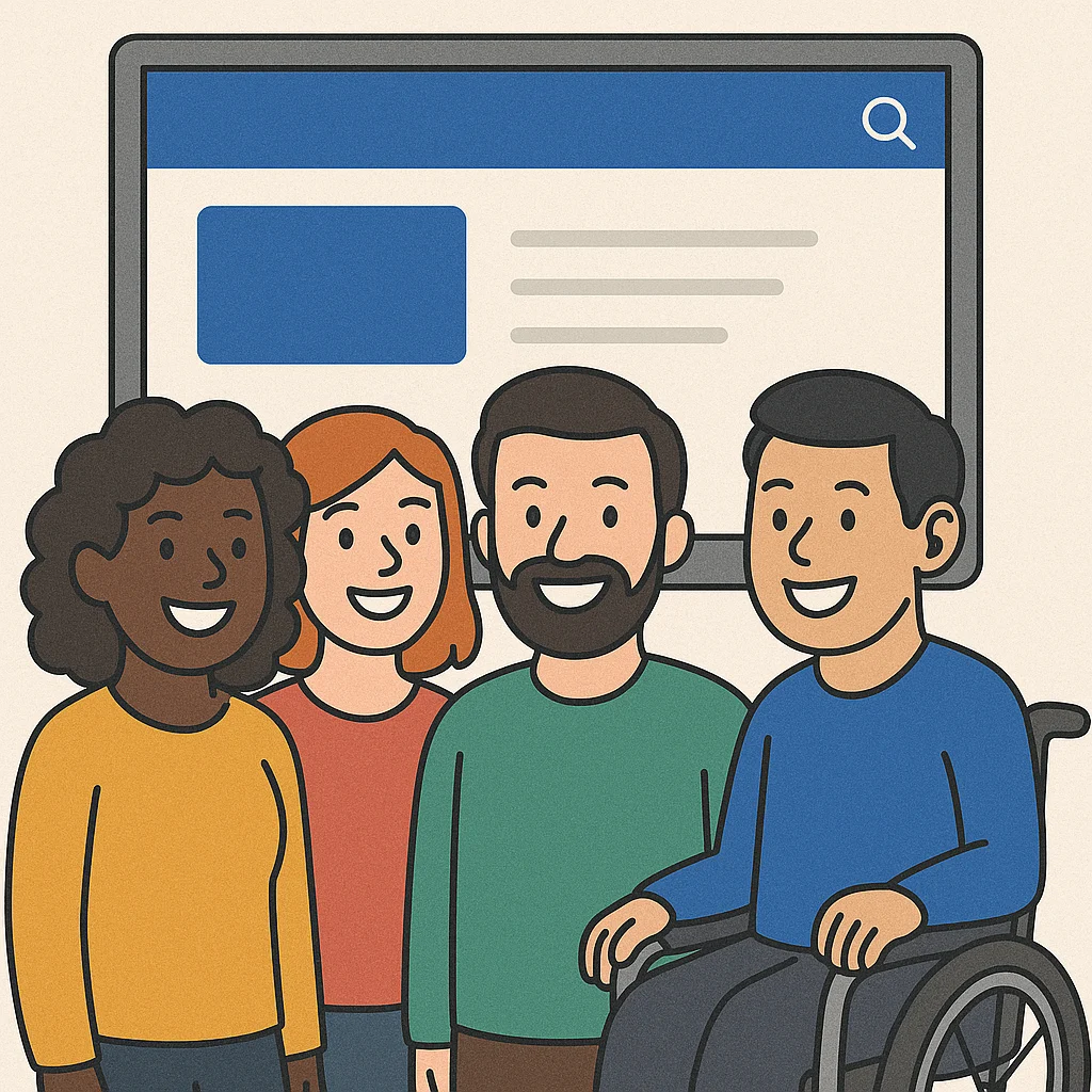 A diverse group of happy users with the website accessible to all of them
