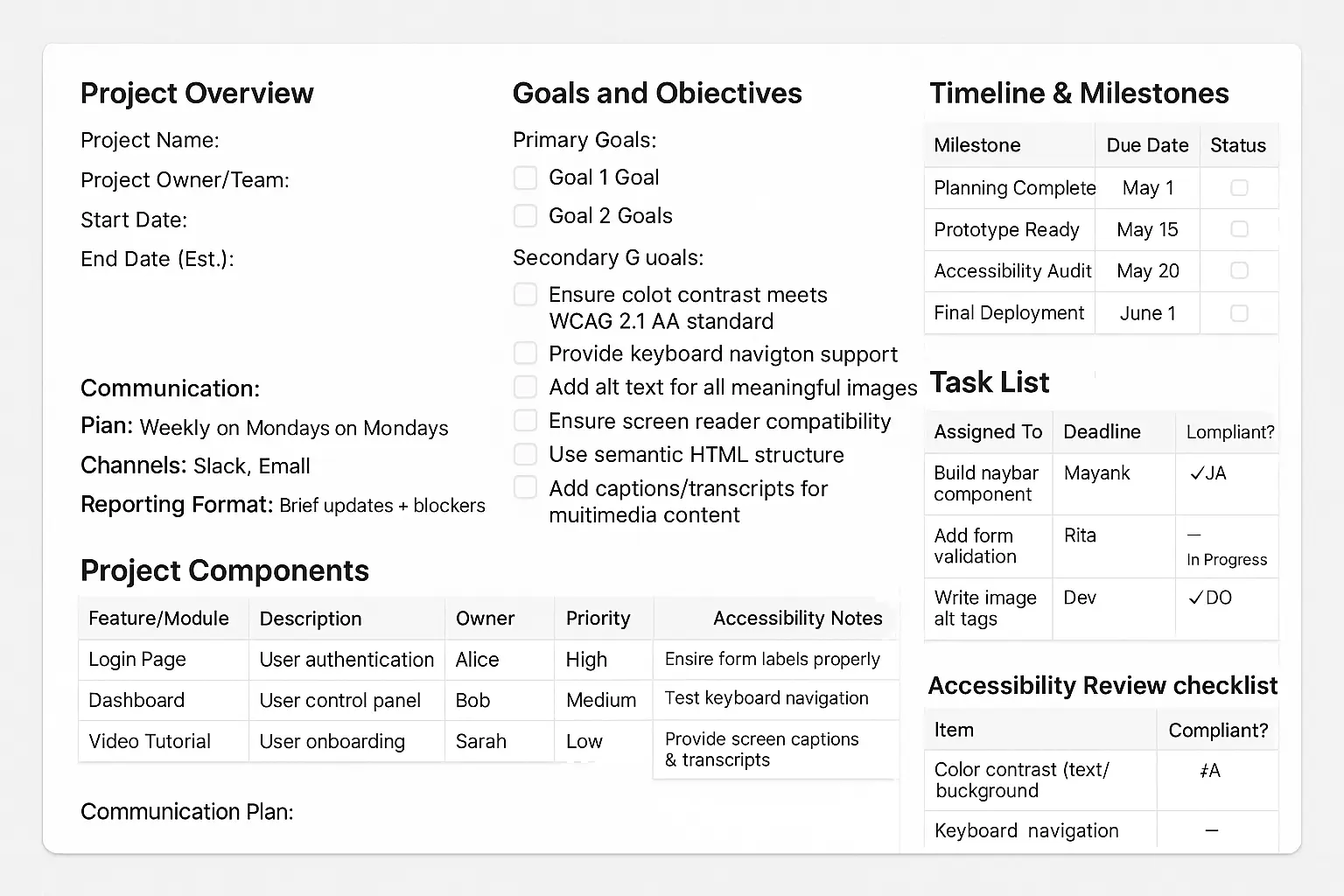 A project planning board or document template with accessibility goals included
