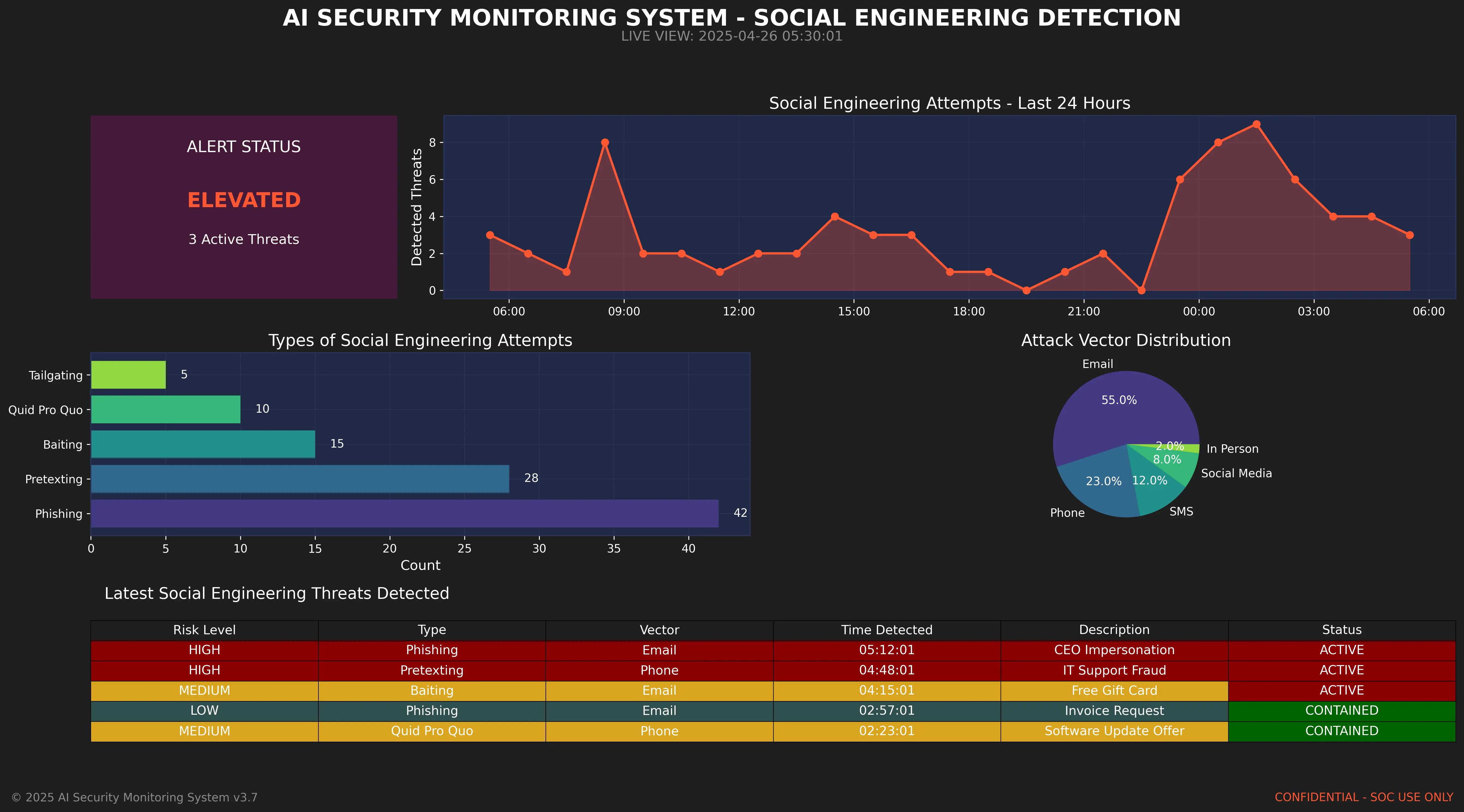 Dashboard of AI security system showing detection of potential social engineering attempts