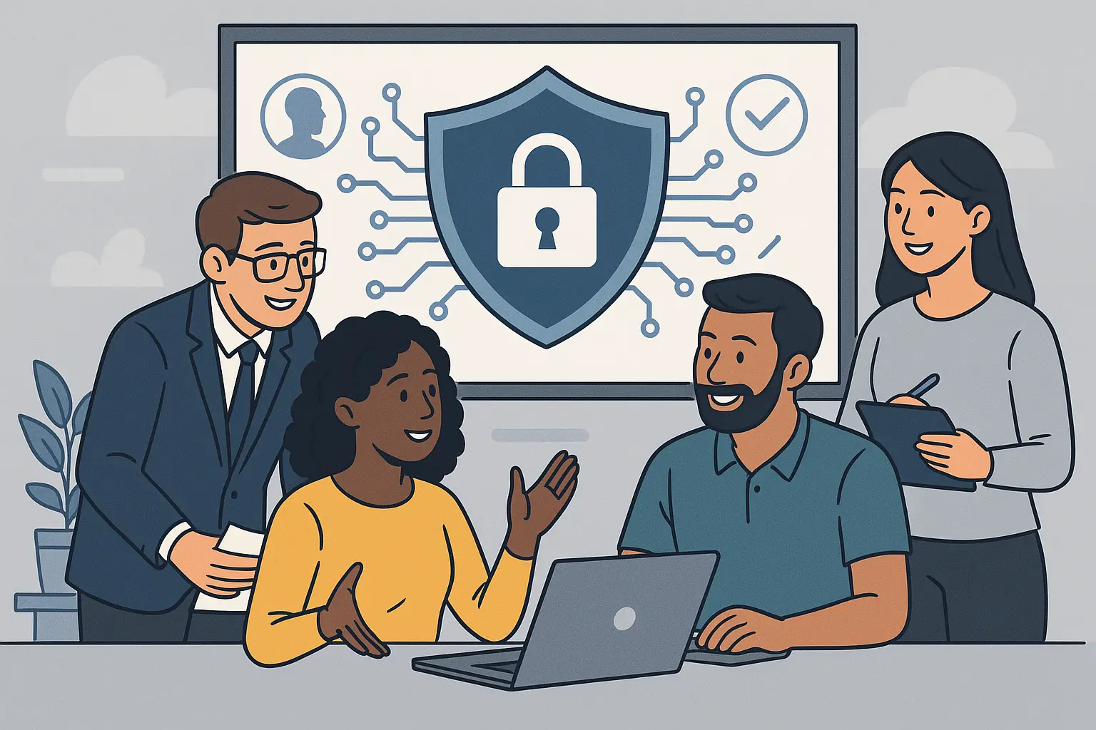 A diverse team collaborating on security awareness with digital and human defenses working together