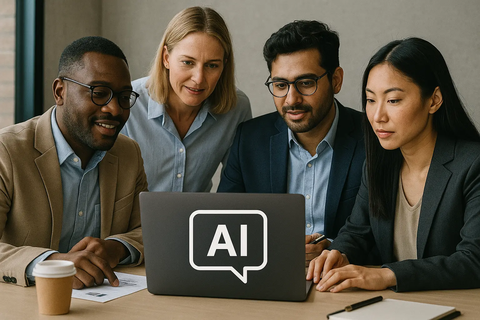 A diverse group of business professionals collaborating with AI tools